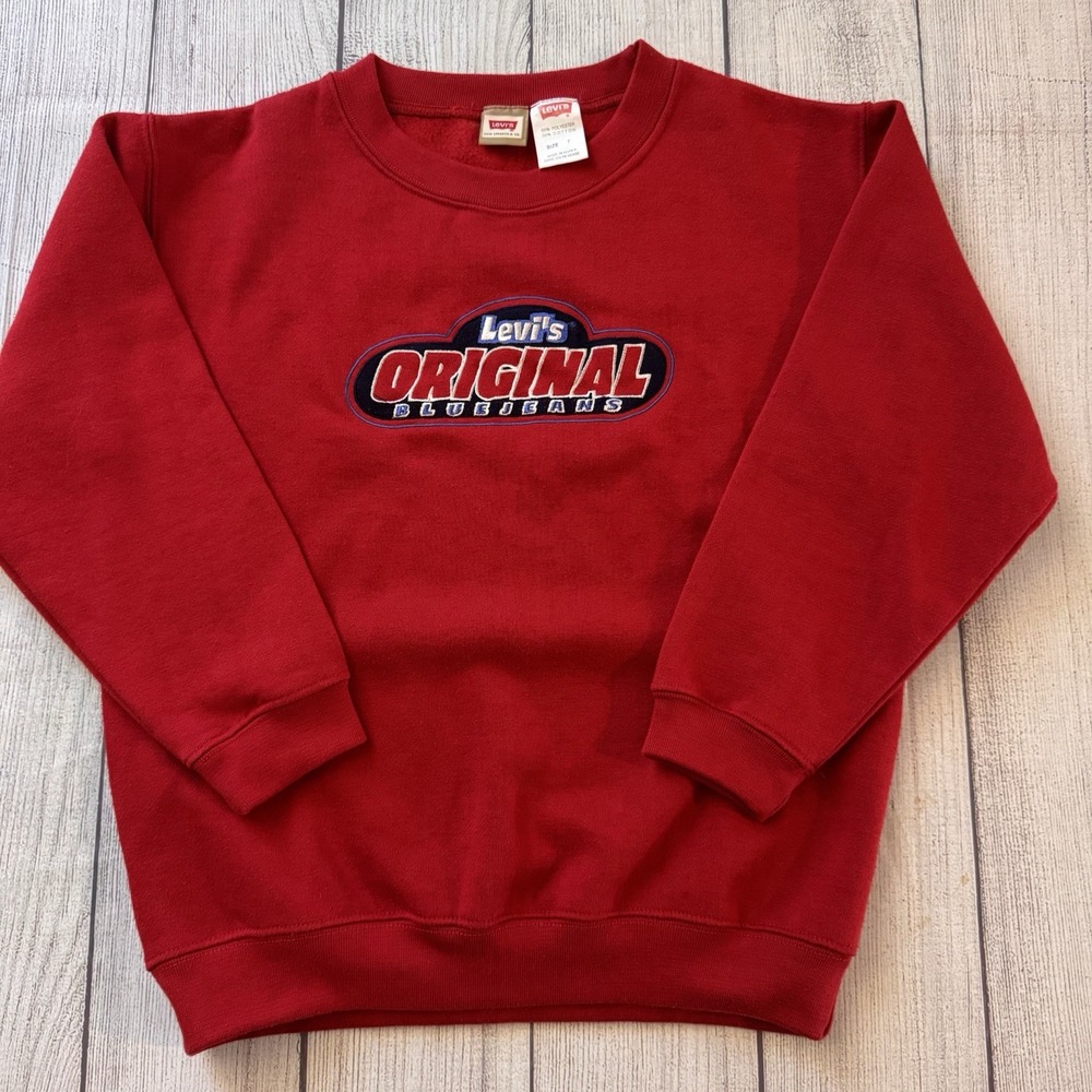 Levi's Original Bluejeans Sweatshirt Size 7 Red Embroidered Crewneck 90s Vintage